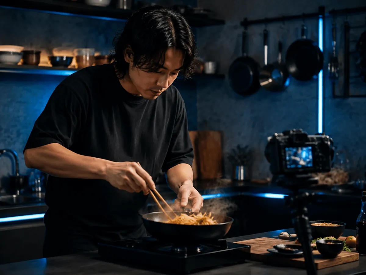 スタジオキッチンで料理動画を撮影するクリエイター