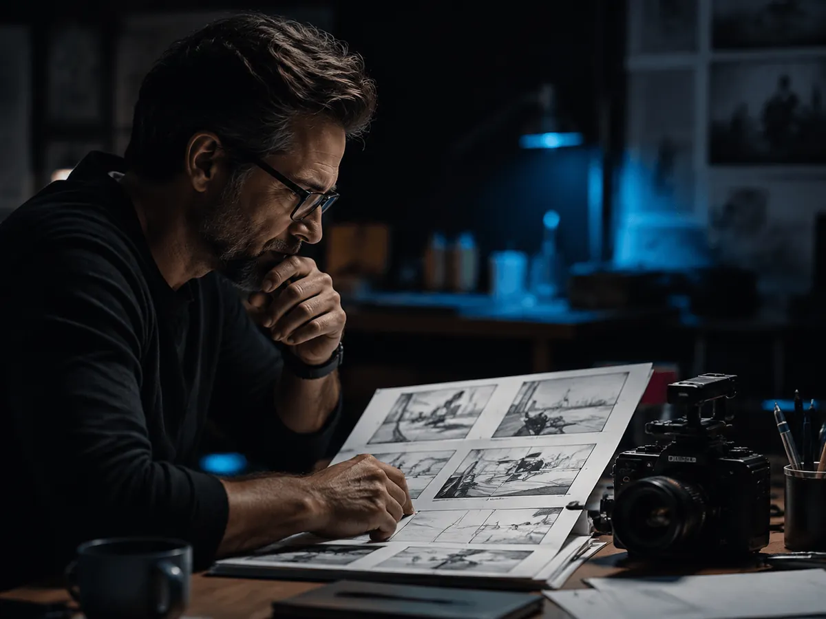 シネマカメラの横で絵コンテのフレームを確認する監督